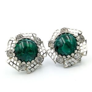Vintage green and rhinestone filigree screw back earrings